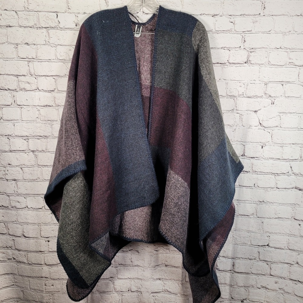 Apt 9‎ Sweater Wrap Open Front Blanket Poncho Shawl Womens Plaid Blue Gray